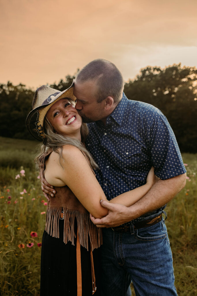 Rustic photoshoot in a wildflower field at Shawnee Trail Conservation Area, Missouri western photoshoot location.